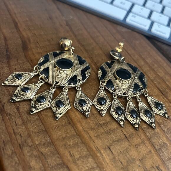 Vintage 80s 1980s HUGE Gold and Black Stone Oversized Chandelier Earrings A1 - Picture 3 of 6